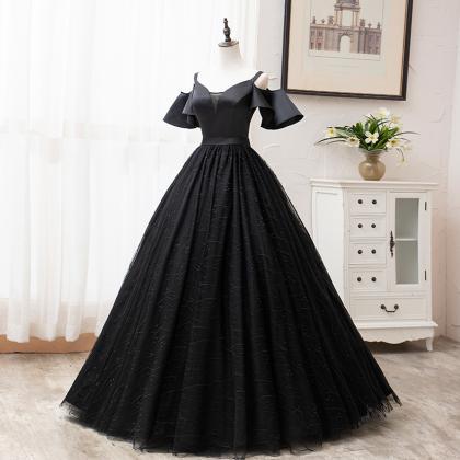 Glam Black Satin And Tulle Ball Gown Off Shoulder..