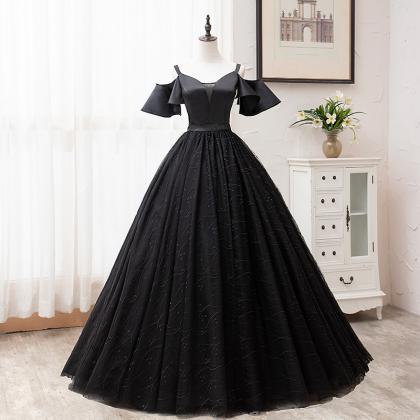 Glam Black Satin And Tulle Ball Gown Off Shoulder..
