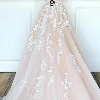Beautiful Pink Tulle With Lace Straps Long Party..