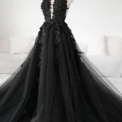 Black Tulle With Lace Applique Long Formal Dress,..