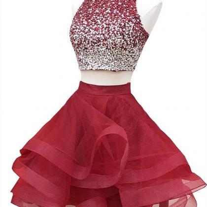 Two Pieces Short Burgundy Beaded Prom Dress, Two..