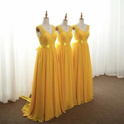 Yellow A-line Chiffon Bridesmaid Dresses Court..