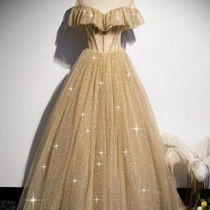 Charming Gold Shiny Tulle High Neckline Long..