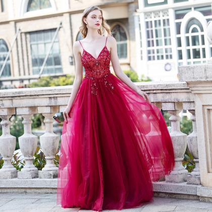 Wine Red Straps Beaded V-neckline Tulle Prom Dress..