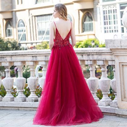 Wine Red Straps Beaded V-neckline Tulle Prom Dress..