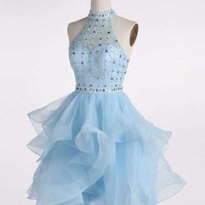 Blue Beaded Layers Knee Length Party Dress, Blue..