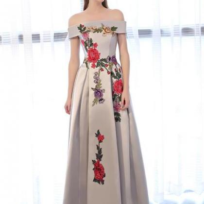 Sliver-Grey Shiny Tulle Off Shoulder  Prom Dress, Sliver Long Party Dresses main image 1