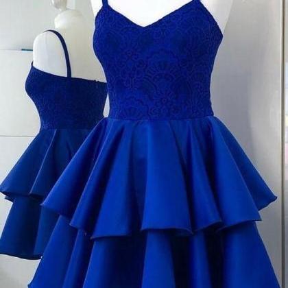 Blue Satin And Lace Short Style Homecomng Dress,..