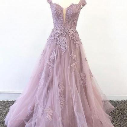 Beautiful Dusty Mauve Tulle Long Formal Dress With..