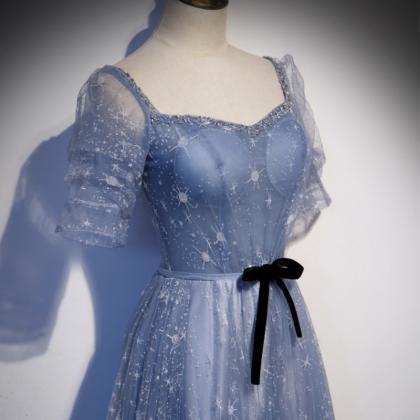 Blue Tulle Short Sleeves A-line Style Prom Dress..