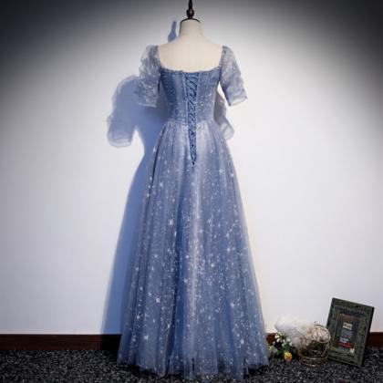 Blue Tulle Short Sleeves A-line Style Prom Dress..
