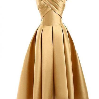 Gold Satin Off Shoulder High Low Party Dress..