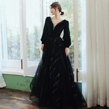 Black Tulle With Velvet Top Long Sleeves Evening..