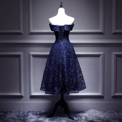 Blue Lace Off Shoulder Wedding Party Dress..