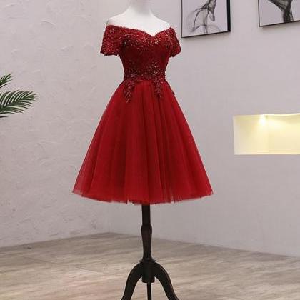Beautiful Dark Red Off Shoulder Short Tulle With..