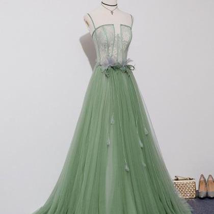 Unique Green Tulle With Lace Long Beautiful Prom..