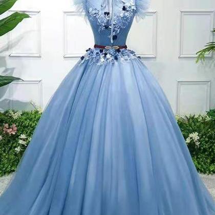 Blue High Neckline Backless Ball Gown Party Dress,..