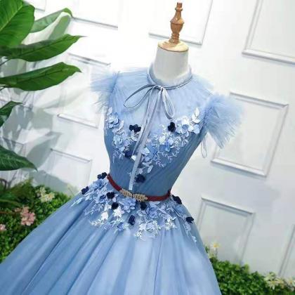 Blue High Neckline Backless Ball Gown Party Dress,..