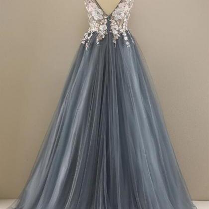 V Neck Open Back Appliques Gray Long Prom Dresses,..