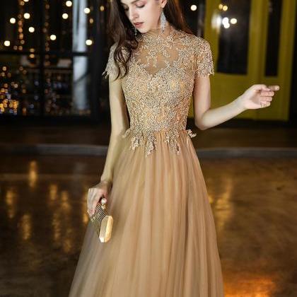 Champagne High Neckline Tulle With Lace Long Party..