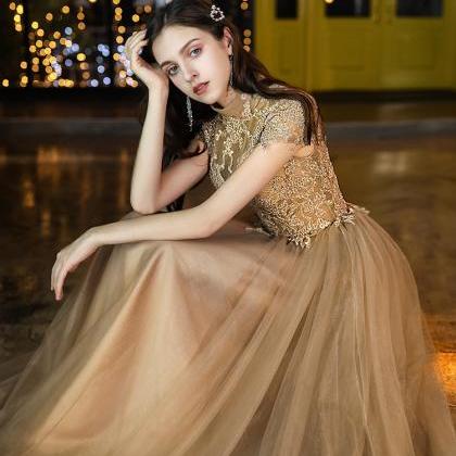 Champagne High Neckline Tulle With Lace Long Party..