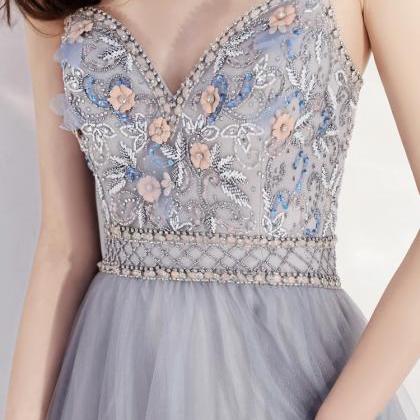 Charming Sweetheart Blue-grey Tulle Beaded Long..