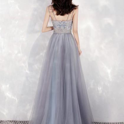 Charming Sweetheart Blue-grey Tulle Beaded Long..