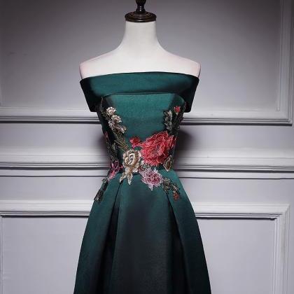 Dark Green Satin Long Party Dress With Embroidery,..