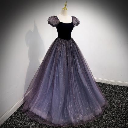 Purple Tulle Shiny Short Sleeves Ball Gown Formal..