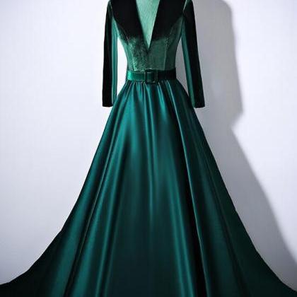 Green Velvet And Satin A-line Formal Dresses..