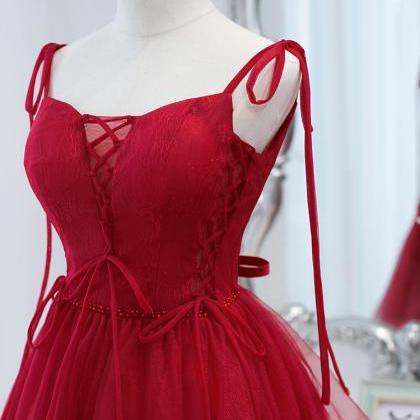 Red Short Beaded Straps Tulle Homecomng Dress..