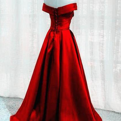 Beautiful Red Off Shoulder Satin Long Party Dress,..