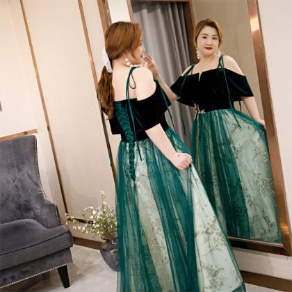 Green Velvet And Tulle Straps Plus Size Prom Dress..