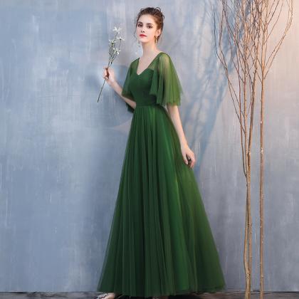 Dark Green Tulle A-line Long Formal Dresses..