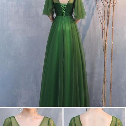 Dark Green Tulle A-line Long Formal Dresses..