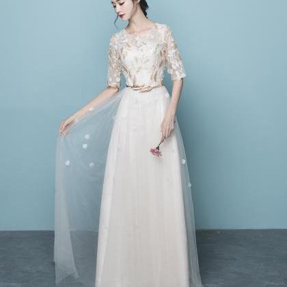 Elegant Short Sleeves Lace And Tulle Long Party..