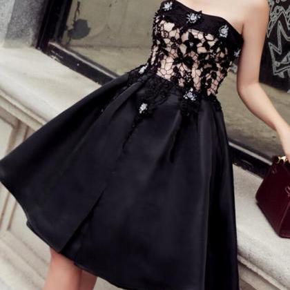 Cute Black Satin with Lace Knee Len..