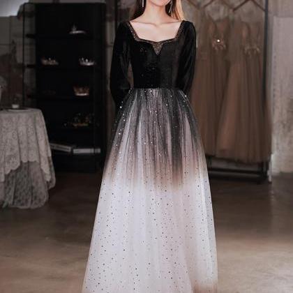 Black Velvet And Gradient Tulle Long Sleeves Party..
