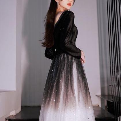 Black Velvet And Gradient Tulle Long Sleeves Party..