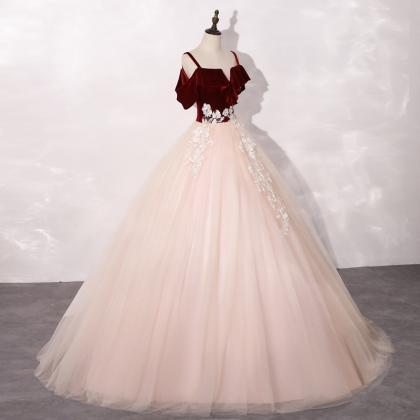 Charming Red And Light Pink Straps Tulle Ball Gown..