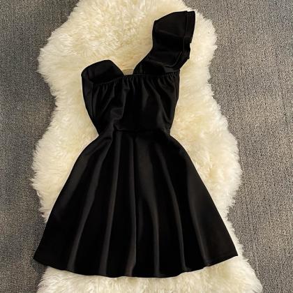 Cute One Shoulder Mini Short Women Dress, Black..