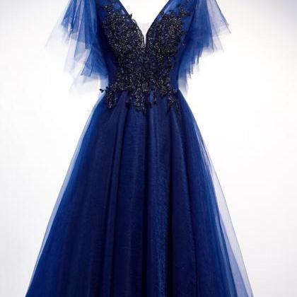 Beautiful Blue Tulle With Lace Applique Knee..