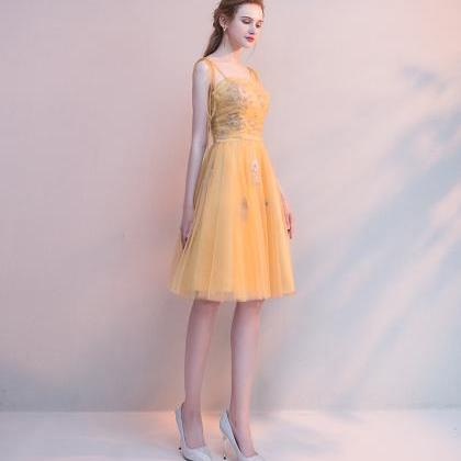 Beautiful Yellow Tulle With Lace Applique Short..