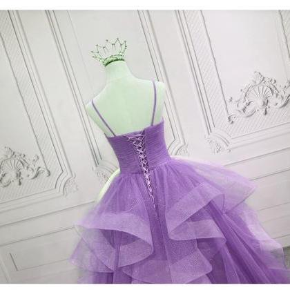 Glam Purple Tulle V-neckline Straps Layers Long..