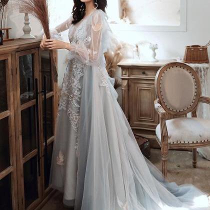 Elegant Light Blue Tulle Long Sleeves With Lace..