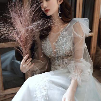 Elegant Light Blue Tulle Long Sleeves With Lace..