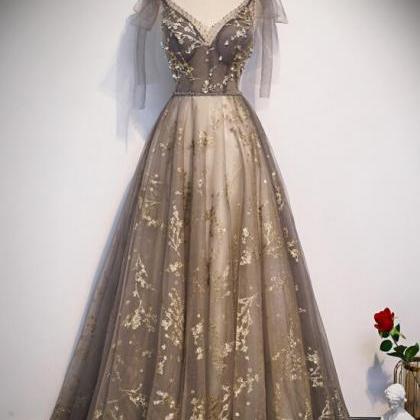 Champagne V-Neckline Straps Long Party Dress Prom Dress, A-Line Tulle Evening Dresses main image 1