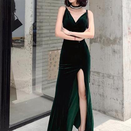 Sexy Dark Green Velvet High Leg Slit Long Prom..