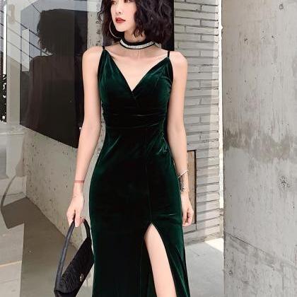 Sexy Dark Green Velvet High Leg Slit Long Prom..