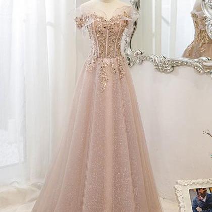 Light Pink Off Shoulder Shiny Tulle With Beaded..